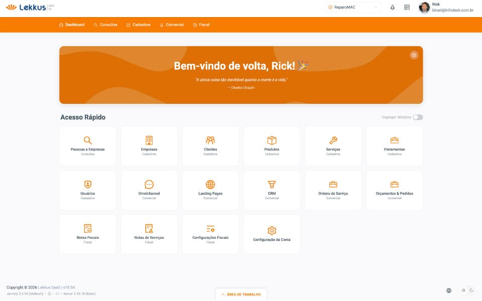 Panel de Lekkus ERP con el acceso rápido a los módulos